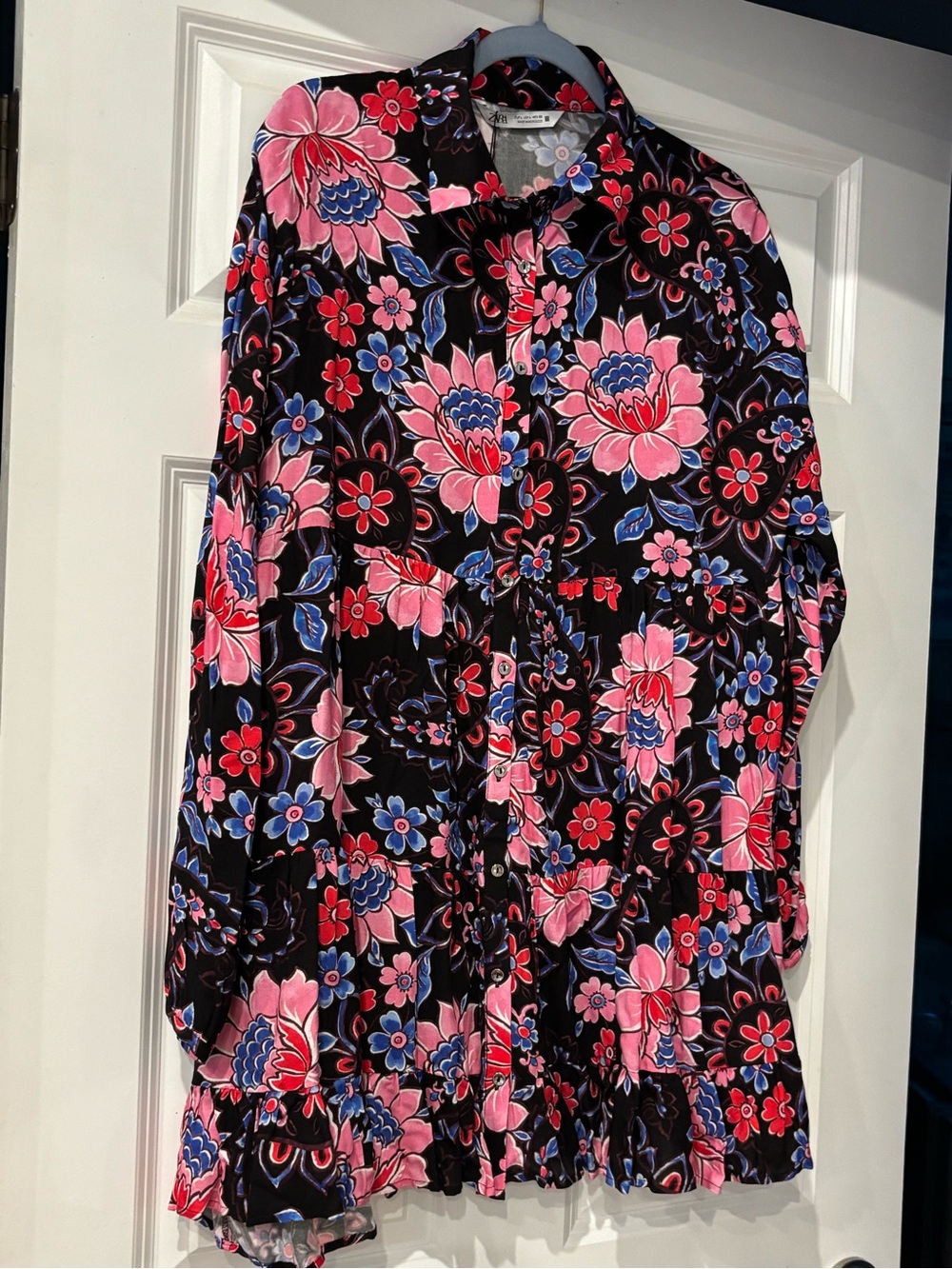 Floral Button-Up mini dress in Pink, Blue & Black by Zara